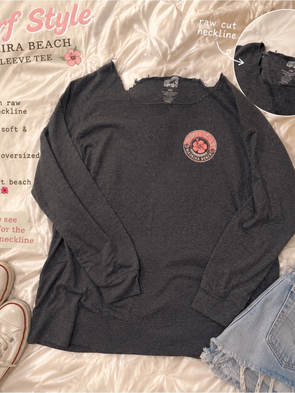 Surf Style Raw Cut Neckline Long Sleeve Tee -  Pink Logo a hand cut neck line